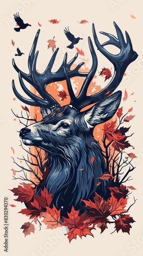 Deer with autumn leaves. Vector illustration in a retro style