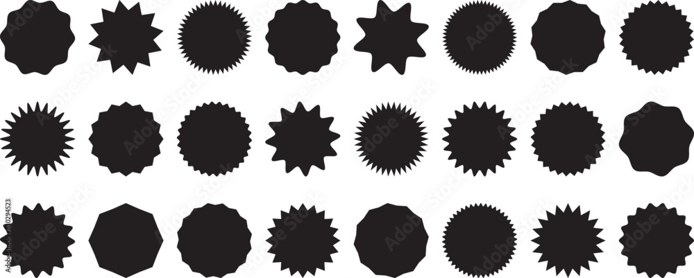 Sticker star burst, promo badge round shape, price tag circle, sale label icon, black sun, new discount set isolated on white background. Advertising vector illustration