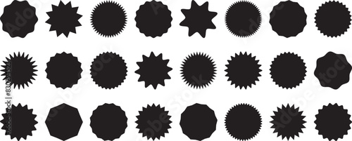 Sticker star burst, promo badge round shape, price tag circle, sale label icon, black sun, new discount set isolated on white background. Advertising vector illustration