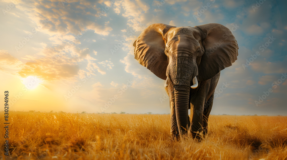 Fototapeta premium A large elephant is running through a field of tall grass