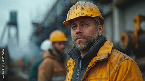 A rugged male construction worker in a yellow helmet and dirty work clothes stands confidently on site