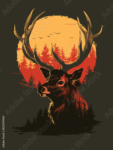 Deer in the forest at sunset. Vector illustration for your design.