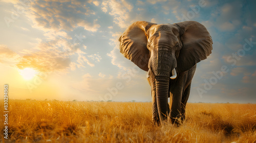 A large elephant is running through a field of tall grass