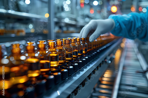 Pharmacist worker wearing sanitary gloves examining glass medical vials on production line conveyor belt in medical healthcare mass production factory manufacturing prescription drugs medication 