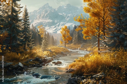 Golden Tranquility: Autumnal River Flowing Through a Majestic Mountainous Forest photo