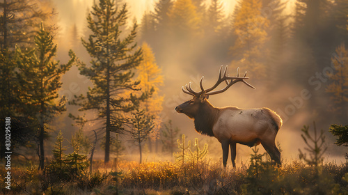 A deer stands in a forest with its head up  looking to the right