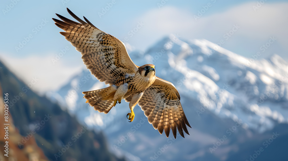 Obraz premium A bird is flying high in the sky above a mountain range