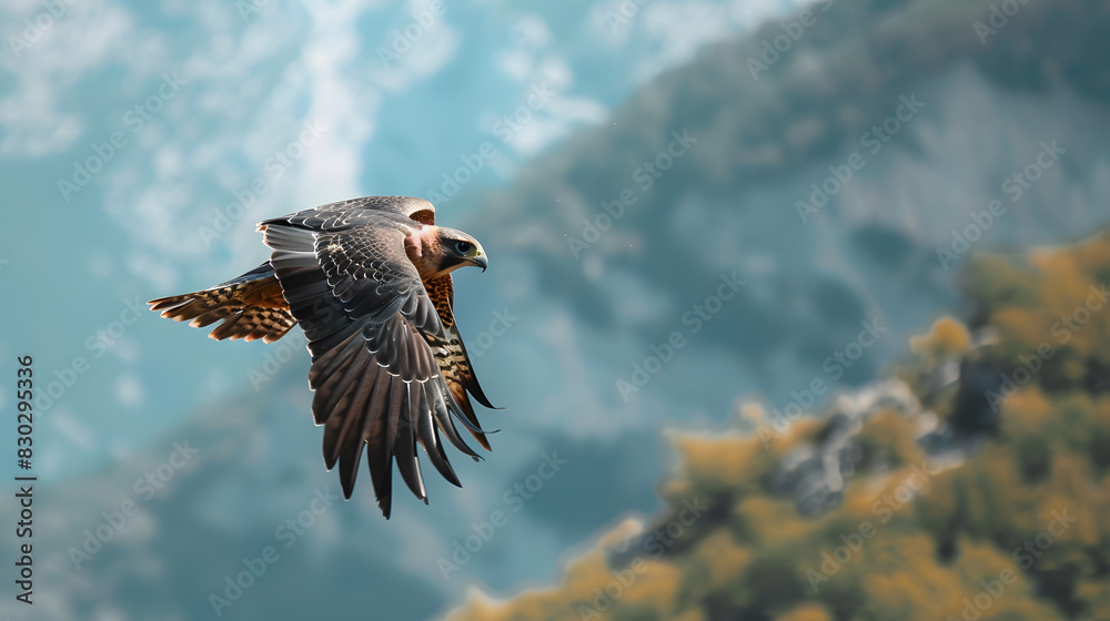 Fototapeta premium A bird is flying high in the sky above a mountain range