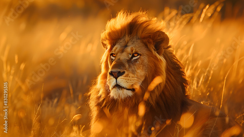 A lion is standing in tall grass with its head held high