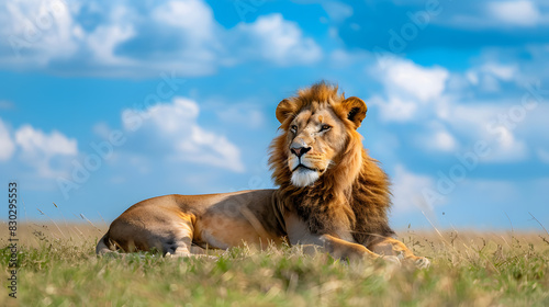 A lion is laying in the grass in a field