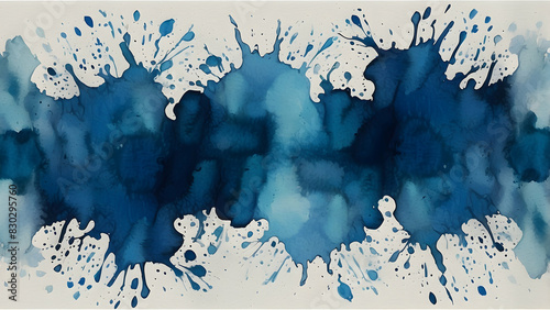 Blue ink splatter on white watercolor paper photo