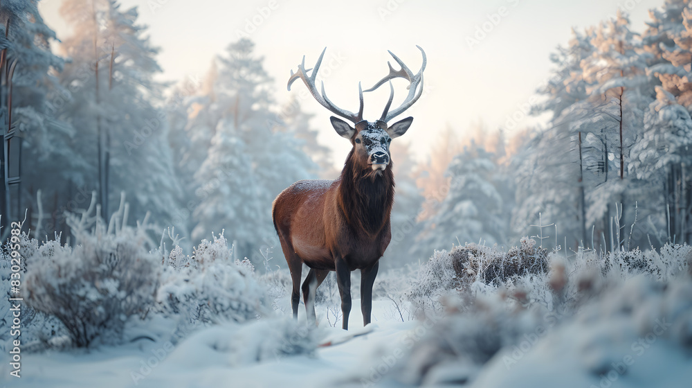 A deer stands in the snow with its antlers raised A deer stands in the snow with its antlers raised