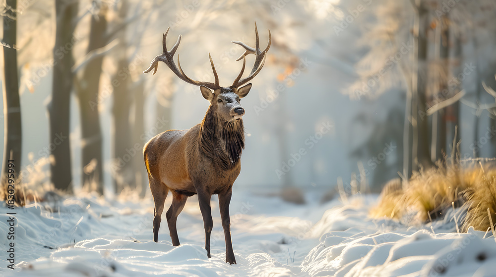 A deer stands in the snow with its antlers raised A deer stands in the snow with its antlers raised