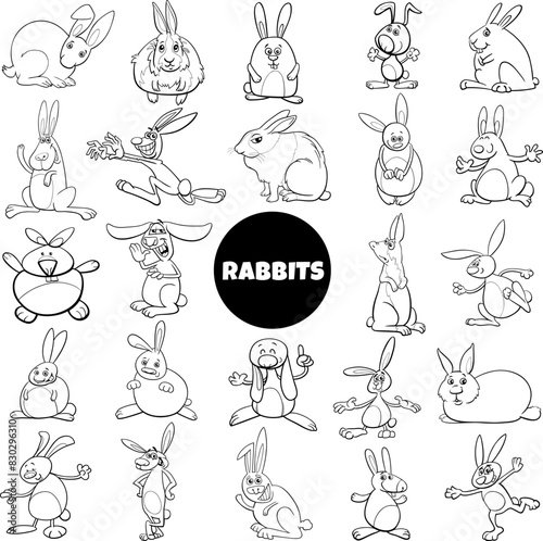funny cartoon rabbits animal characters big set coloring page