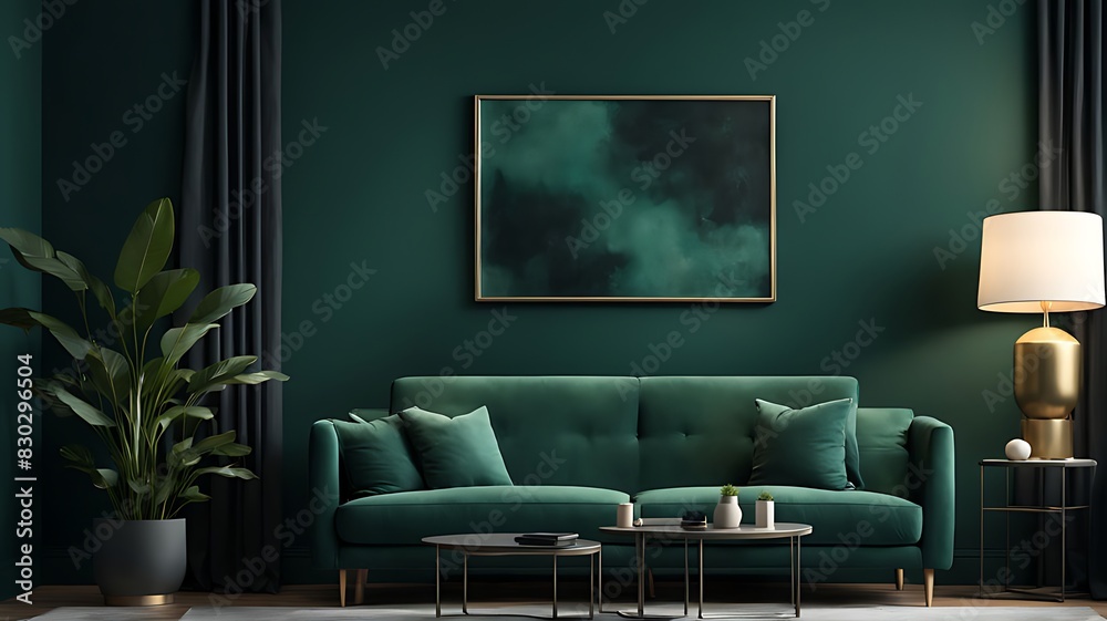 Living Room Mockup with Dark Green Sofa and Emerald Walls, Spacious Gallery Space and Deep Accent Background in a Modern Premium Design - 3D Rendering Living Room Mockup with Dark Green Sofa and Emerald Walls, Spacious Gallery Space and Deep Accent Background in a Modern Premium Design - 3D Rendering
