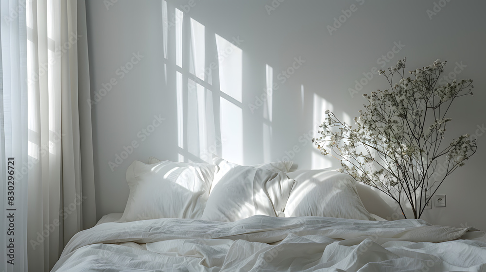 A white bed with a white blanket and two pillows A white bed with a white blanket and two pillows