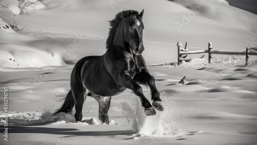 A majestic black stallion standing proudly in the middle of untouched snow. photo