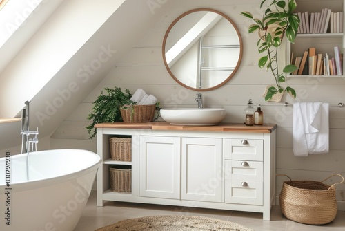 a image of a bathroom with a sink, mirror, and a bathtub © jambulart