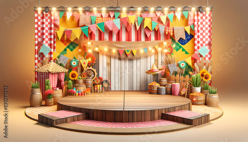 Palco 3d realista com bandeirinha para expor produtos de festa junina