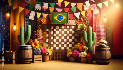 Palco 3d realista com bandeirinha para expor produtos de festa junina photo