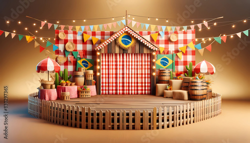 Palco 3d realista com bandeirinha para expor produtos de festa junina