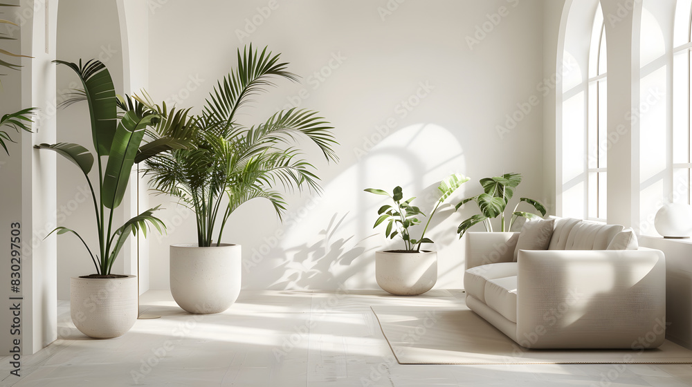 A white room with a large window and two potted plants A white room with a large window and two potted plants