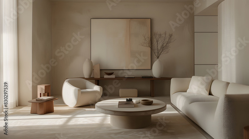 A living room with a white couch  a coffee table  and a vase with flowers on it