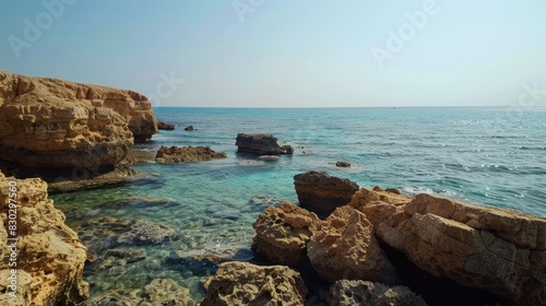 A rocky shoreline with a clear blue ocean in the background photo