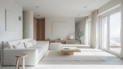 A large white living room with a white couch and a white coffee table