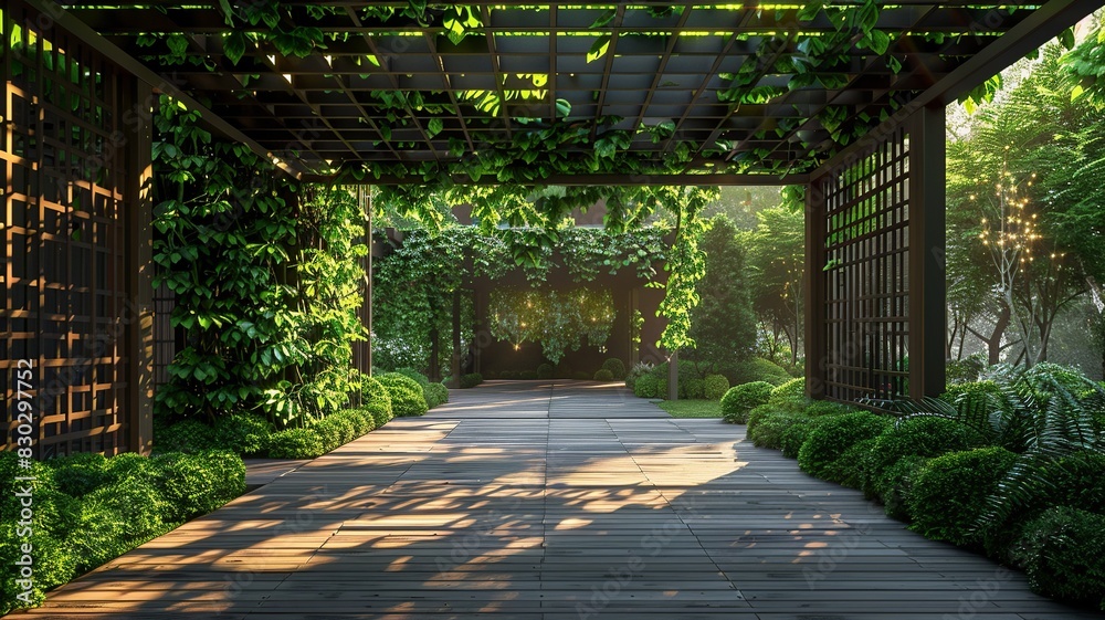 Obraz premium Explore a serene oasis with a wooden pergola car cover featuring hanging plants in pots, creating a suspended garden effect