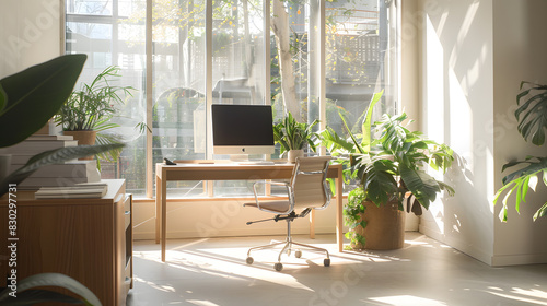 A clean, well-lit office with a desk, chair, and computer monitor