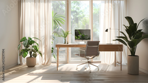 A clean and organized office space with a large window