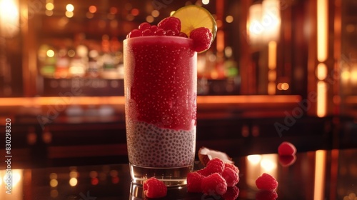 A vibrant raspberry and lime chia pudding in a glass, garnished with fresh raspberries and a lime slice, presented on a bar.