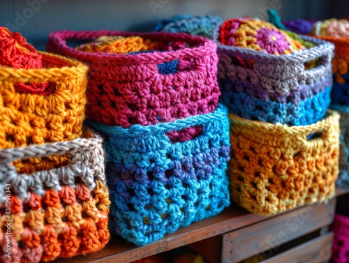 Colorful crocheted baskets neatly arranged on a wooden shelf. photo