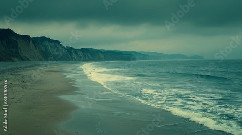 A moody and dramatic view of Sakhalin Island's coastline with cliffs and foggy shores under a grey sky.