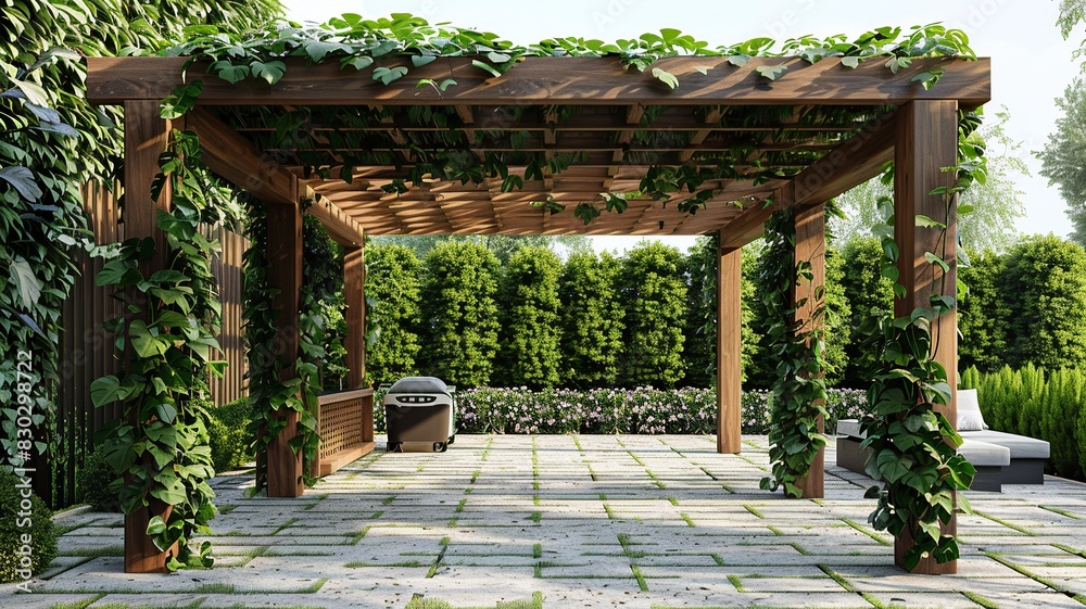 Explore a serene oasis with a wooden pergola car cover featuring hanging plants in pots, creating a suspended garden effect