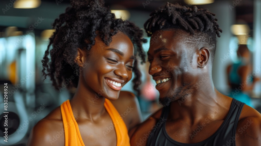Two fit young individuals smiling contentedly after a workout, exemplifying a sense of accomplishment and camaraderie. Two fit young individuals smiling contentedly after a workout, exemplifying a sense of accomplishment and camaraderie.