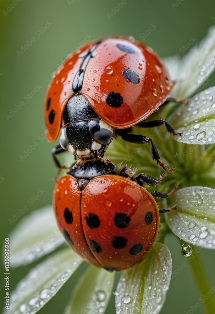 Fototapeta premium Ladybug Couple on a Dewy Leaf