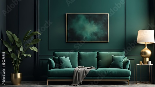 Living Room Mockup with Dark Green Sofa and Emerald Walls, Spacious Gallery Space and Deep Accent Background in a Modern Premium Design - 3D Rendering © Five Million Stocks