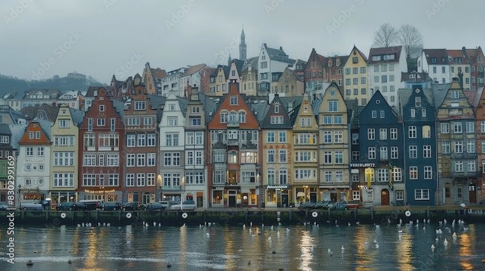 Obraz premium Row of colorful, historical townhouses along a water canal in Hamburg, Old Town under a cloudy sky.