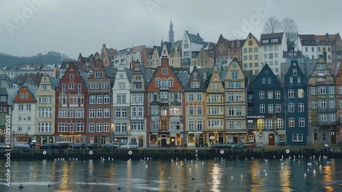 Row of colorful, historical townhouses along a water canal in Hamburg, Old Town under a cloudy sky.