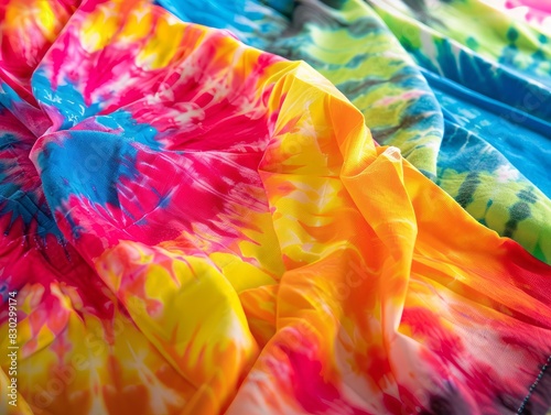  Close-up of colorful tie-dye fabric in bright, swirling patterns. photo