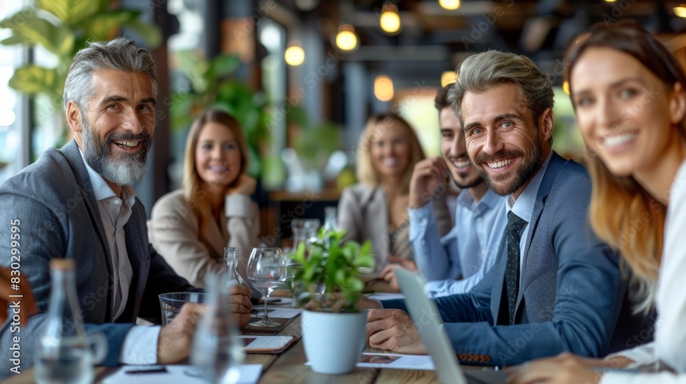 A diverse group of professionals laughing in a friendly meeting at a table in a modern office space. A diverse group of professionals laughing in a friendly meeting at a table in a modern office space.
