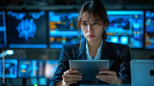 Thoughtful businesswoman with a tablet pc sitting in a high-tech office at night, surrounded by screens displaying data.