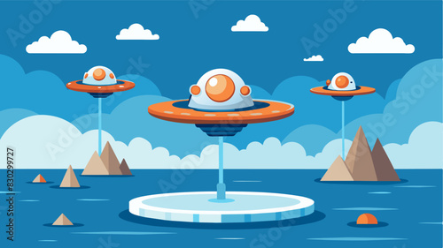 The eVTOLs gracefully touch down on the water landing pads seemingly defying gravity as they float effortlessly on the surface preparing for their next journey into the skies.. Vector illustration