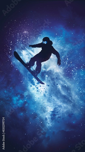 Skier in the air with snowboard in front of a blue background, sport background