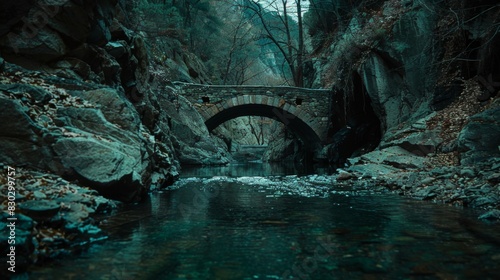 An ancient stone bridge spans a serene mountain gorge with a gentle stream running beneath it, surrounded by rocky terrain and subtle greenery.