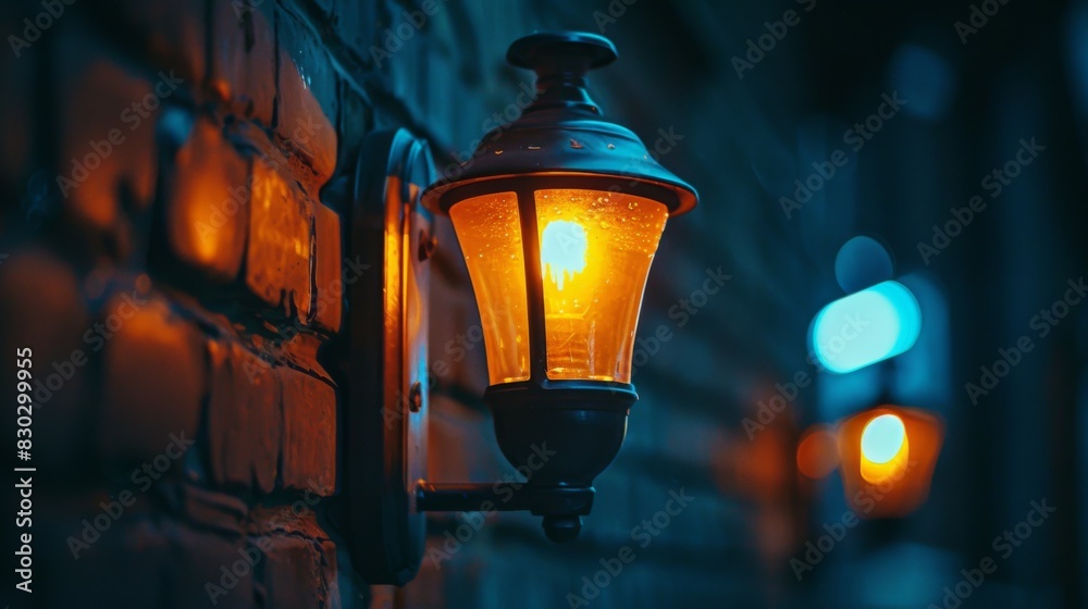 Illuminated street lanterns cast a warm glow on a brick wall at dusk, creating a cozy atmosphere.