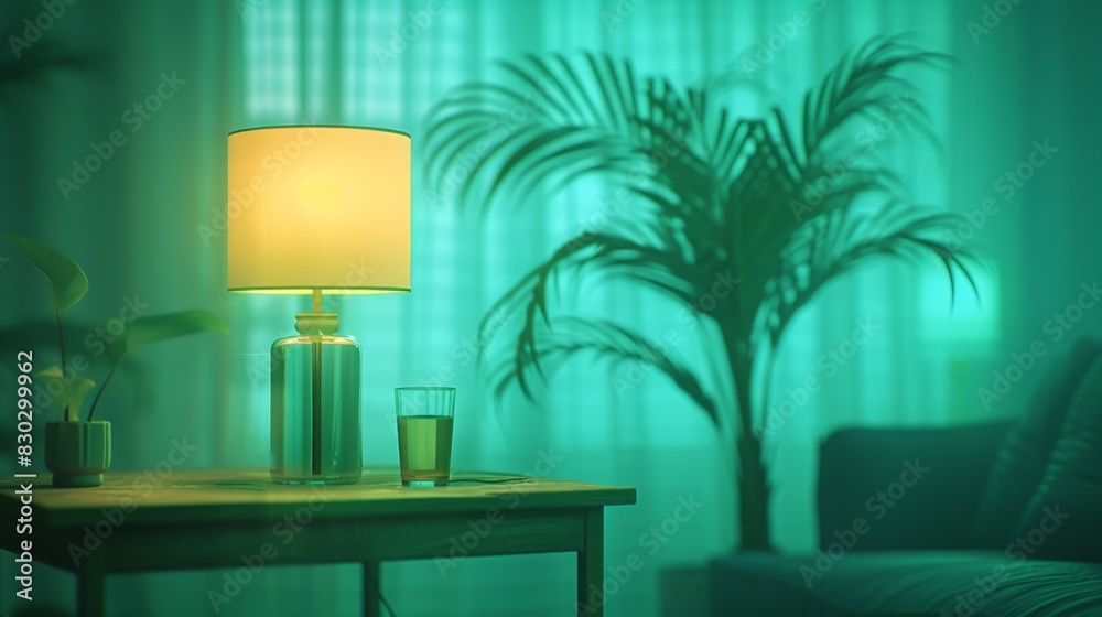 A cozy indoor scene with a table lamp illuminating a small table with a glass of water and a houseplant, in a room with a teal hue. A cozy indoor scene with a table lamp illuminating a small table with a glass of water and a houseplant, in a room with a teal hue.