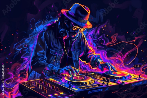 Dj mixing music with neon lights and a hat © kramynina